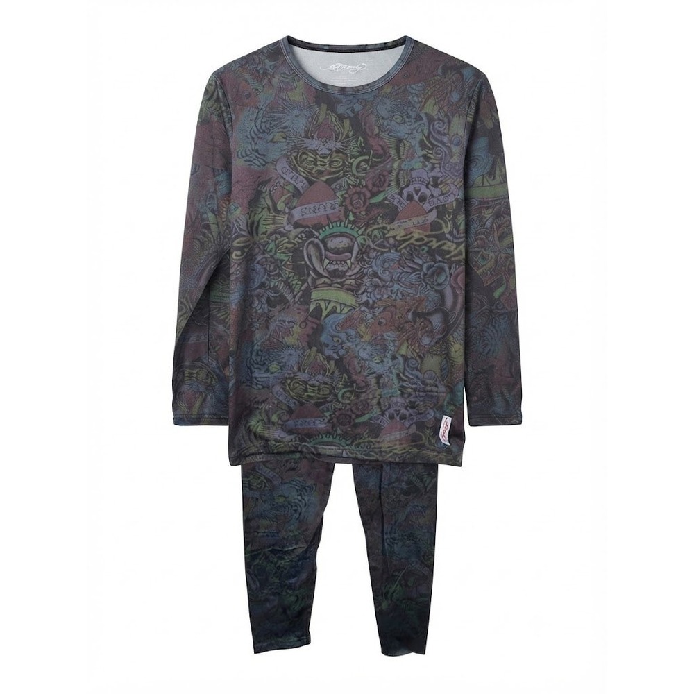 Ed Hardy Mens Small Blue All Over Tattoo 2 Piece Set Top Leggings Base Pajama
